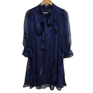 DKNY Dress Sz 8 Navy Blue Sheer Abstract Overlay Tie Neck Zip Button Cuff Fairy
